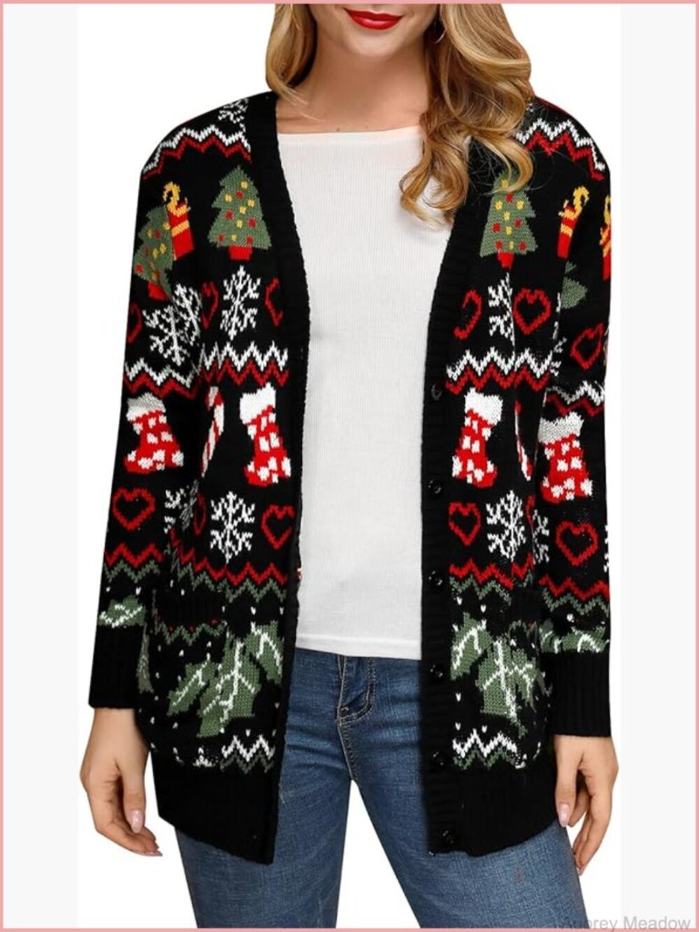 Ugly Christmas Sweater Cardigan with Pockets Button Down